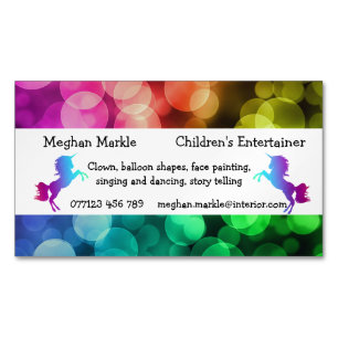 Funky unicorn rainbow kids party entertainer 	Magnetic business card
