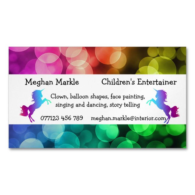 Funky unicorn rainbow kids party entertainer 	Magnetic business card (Front)