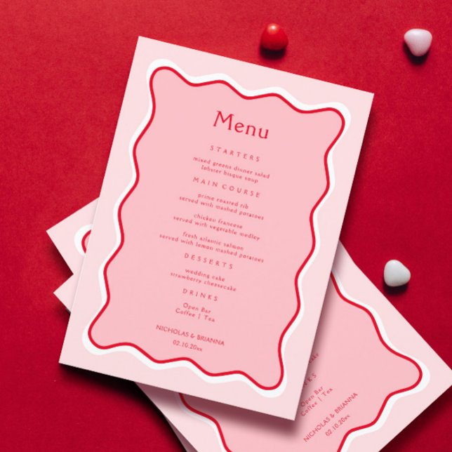 Funky Valentine Wavy Red and Pink Wedding Menu (Creator Uploaded)