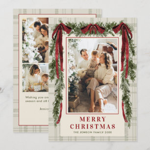 Funky Velvet Christmas Boho Red Bow 4 Photo Holiday Card