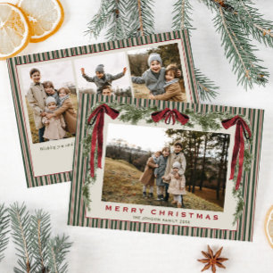 Funky Velvet Christmas Boho Red Bow 4 Photo Holiday Card