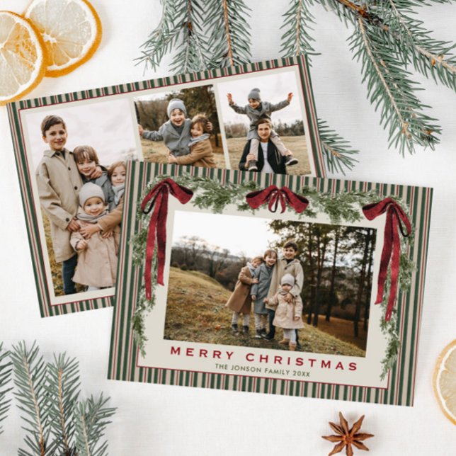 Funky Velvet Christmas Boho Red Bow 4 Photo Holiday Card (Creator Uploaded)