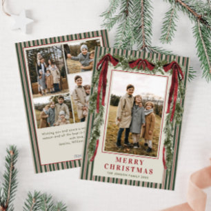 Funky Velvet Christmas Boho Red Bow 4 Photo Holiday Card