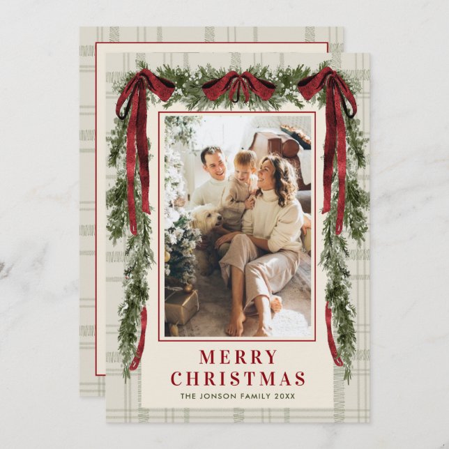 Funky Velvet Christmas Boho Red Bow 5 Photo Holiday Card (Front/Back)