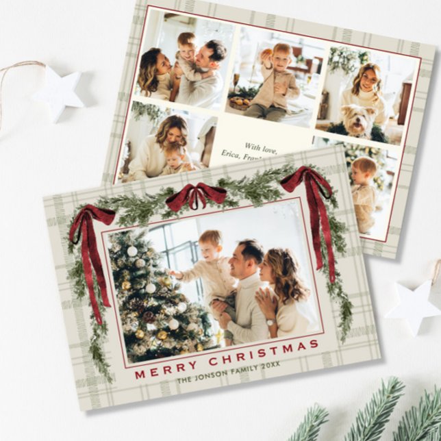 Funky Velvet Christmas Boho Red Bow 6 Photo Holiday Card (Creator Uploaded)