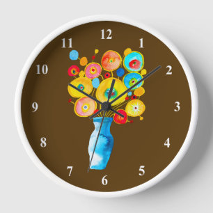 Funky vibrant flowers art illustration clock