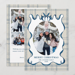 Funky Vintage Christmas Blue Bow Coquette5 Photo Holiday Card