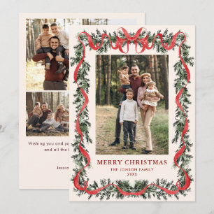 Funky Vintage Christmas Red Bow Coquette5 Photo Holiday Card