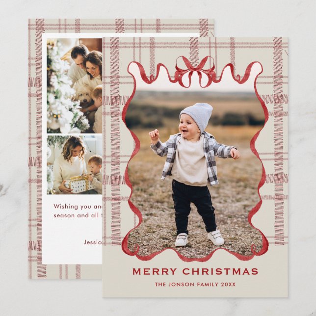 Funky Vintage Christmas Red Bow Coquette5 Photo Holiday Card (Front/Back)