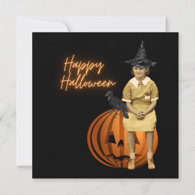 Funky Vintage Girl Witch Halloween Flat Card (Front)