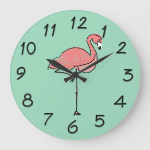 Funky Vintage Pink Flamingo Blue Large Clock