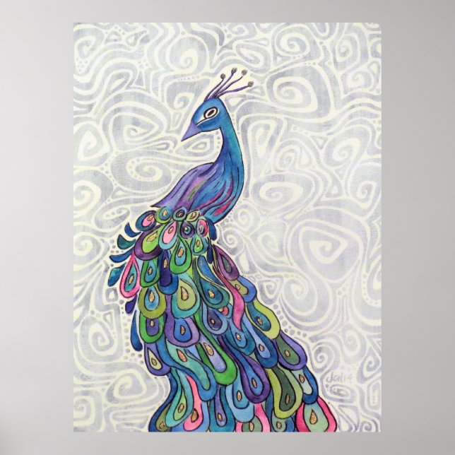 Funky Watercolor Peacock Original Art Poster (Front)