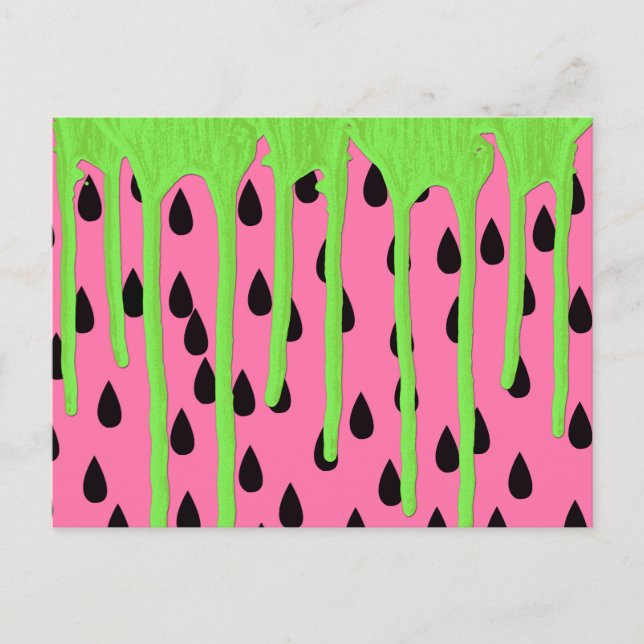Funky Watermelon Neon Green Paint Drips Postcard (Front)