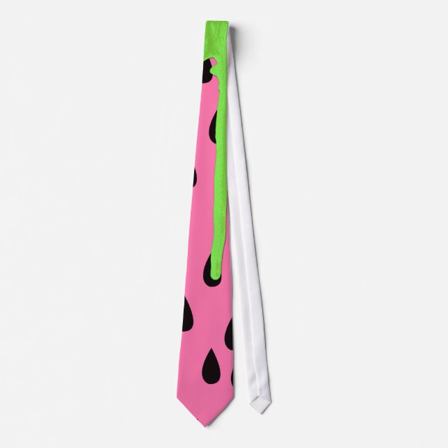 Funky Watermelon Neon Green Paint Drips Tie (Front)