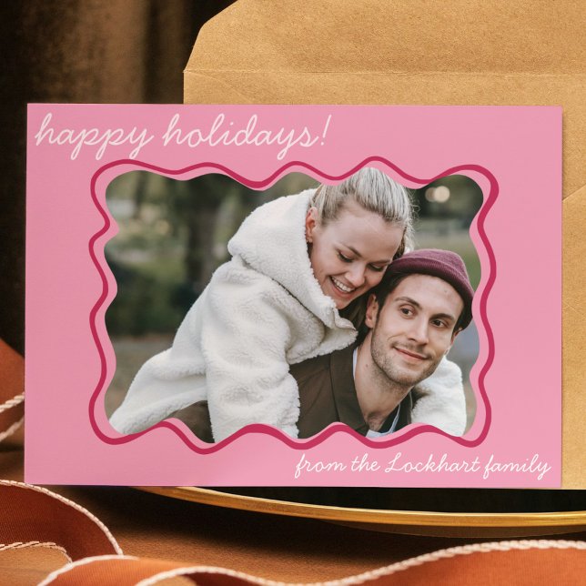 Funky Wavy Hand Drawn Whimsical Border Photo  Holiday Card (modern funky pink hand drawn wavy border holiday christmas card. Whimsical family photo card)