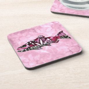 Funky Whimsical Abstract Salmon Fish Painting Art Coaster