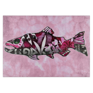 Funky Whimsical Abstract Salmon Fish Painting Art Cutting Board