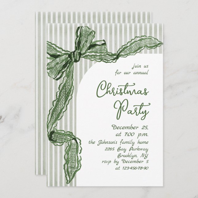 Funky Whimsical Christmas Green Bow Holiday Party Invitation (Front/Back)