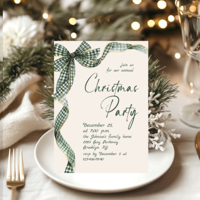 Funky Whimsical Christmas Green Bow Holiday Party Invitation (Creator Uploaded)