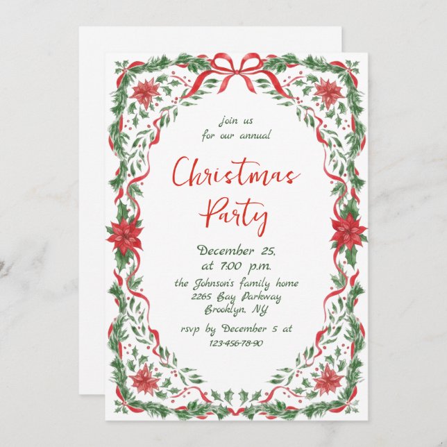 Funky Whimsical Christmas Red Bow Holiday Party Invitation (Front/Back)