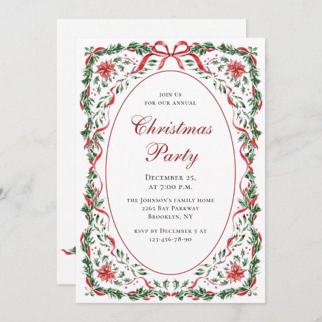 Funky Whimsical Christmas Red Bow Holiday Party Invitation (Front/Back)