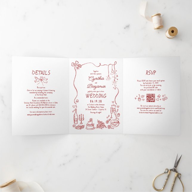Funky Whimsical Doodles Modern Red Wedding Photo Tri-Fold Invitation (Inside)
