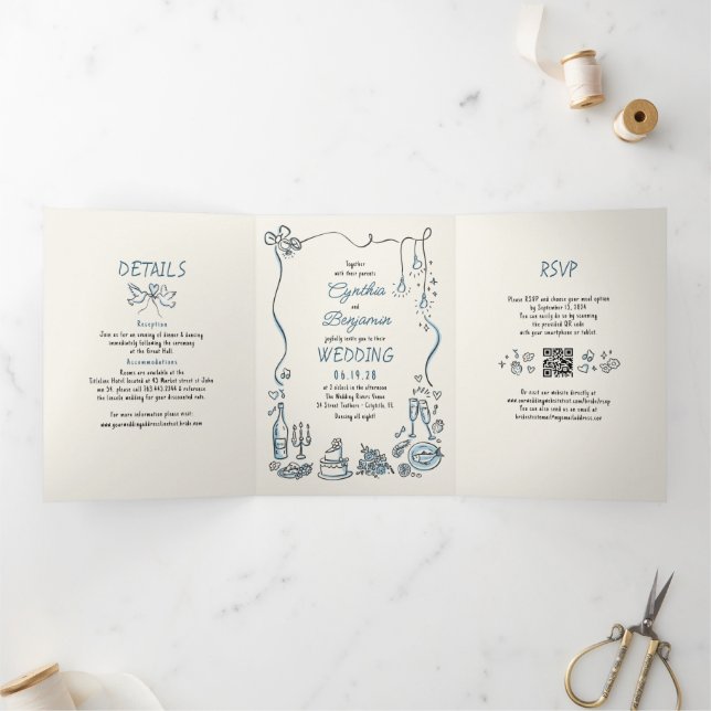 Funky Whimsical Doodles Modern Wedding Photo Tri-Fold Invitation (Inside)