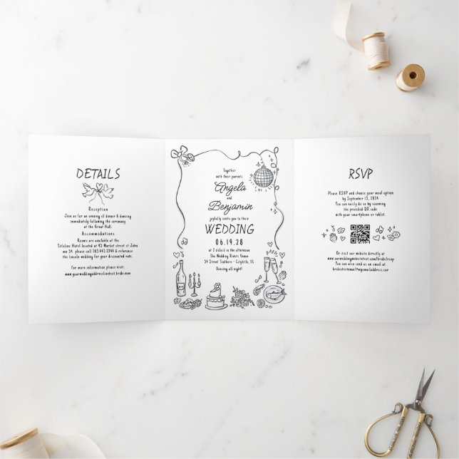Funky Whimsical Doodles Retro Wedding Photo Tri-Fold Invitation (Inside)