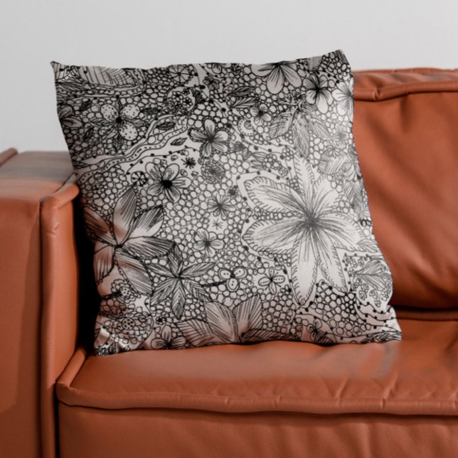Funky Whimsical Floral Black & White Cushion (Creator Uploaded)