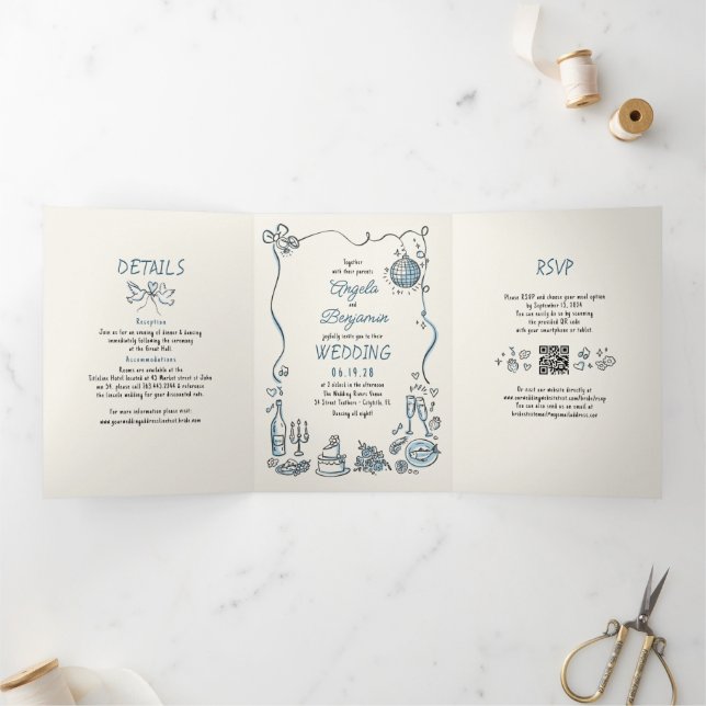 Funky Whimsical Hand-drawn Modern Wedding Photo Tri-Fold Invitation (Inside)