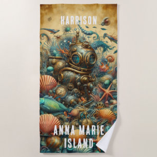 FUNKY WHIMSICAL STEAMPUNK DEEP SEA DIVER BEACH TOWEL