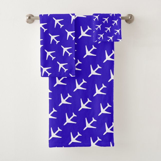 Funky White Plane Blue Background Pilot Aviation Bath Towel Set (Insitu)