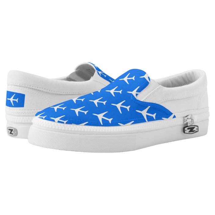 Funky White Plane Blue Background Pilot Aviation Slip On Shoes | Zazzle ...