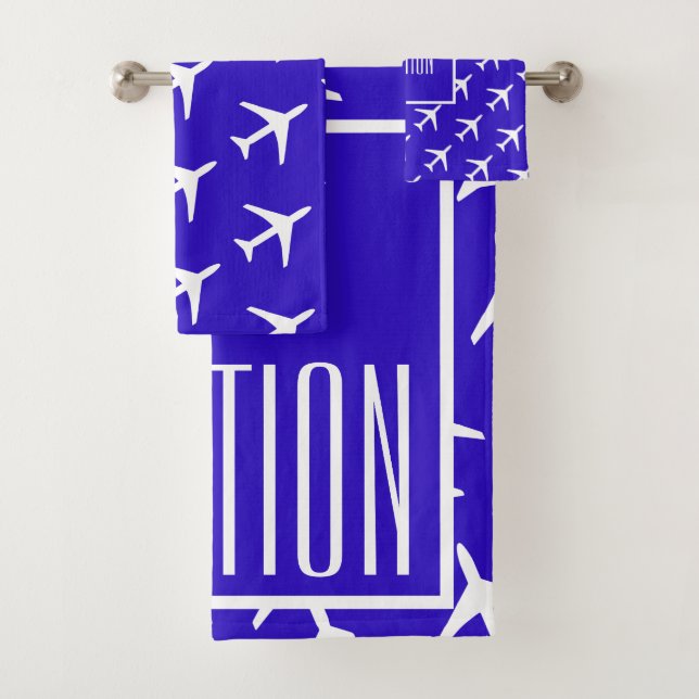 Funky White Plane Blue Pilot Aviation Bath Towel Set (Insitu)