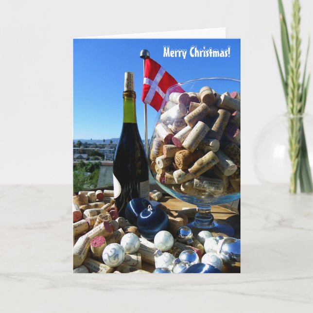 Funky Wine & Danish Flag Christmas Card! Holiday Card (Front)