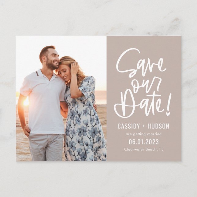Funky Writing EDITABLE COLOR Save Our Date Postcard (Front)