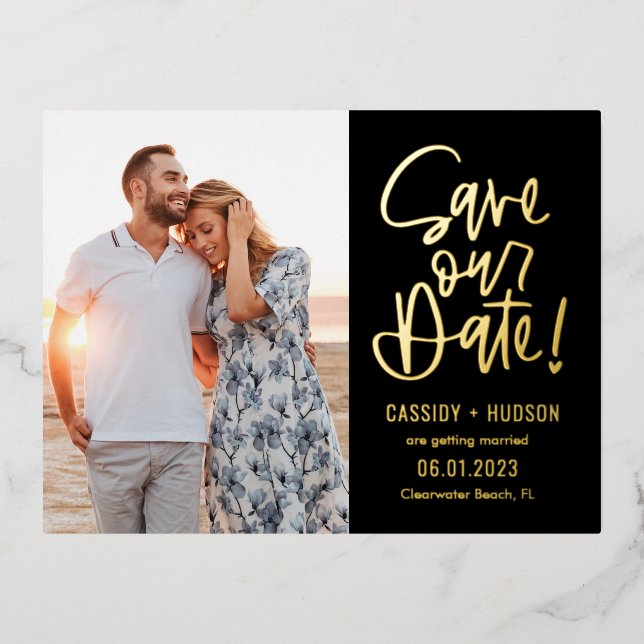 Funky Writing Foil Save The Date Postcard (Front)