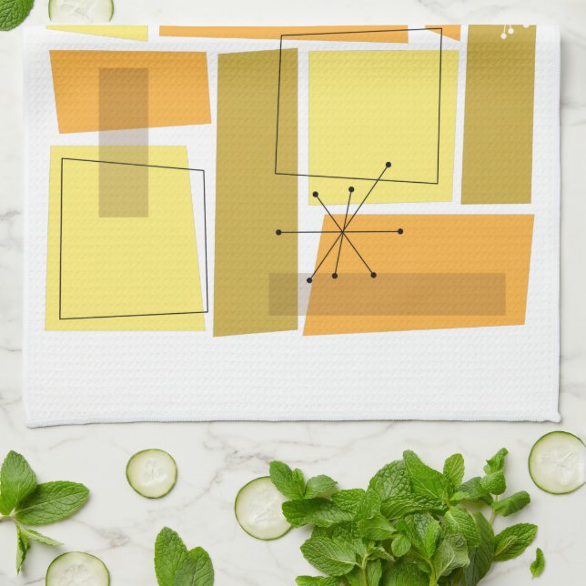 Funky Yellow and Orange Squares Mid Century Modern Tea Towel (Folded)