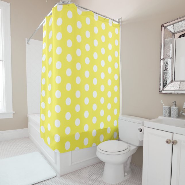 Funky Yellow and White Polka Dot Shower Curtain (In Situ)