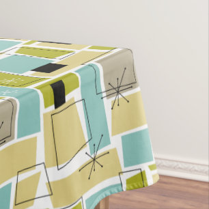 Funky Yellow Aqua Blue Squares Starburst Mid Mod Tablecloth