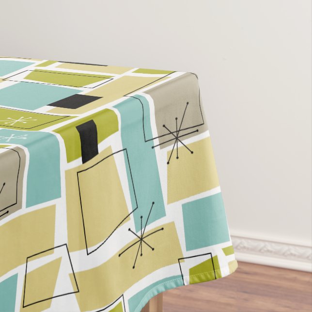 Funky Yellow Aqua Blue Squares Starburst Mid Mod Tablecloth (In Situ)