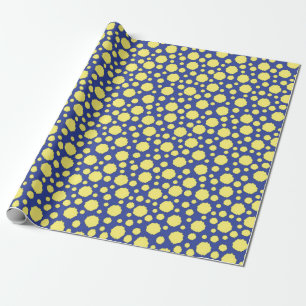 Funky yellow circles on blue wrapping paper