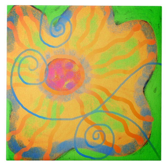 Funky Yellow Flower Abstract Painting Tile (Front)