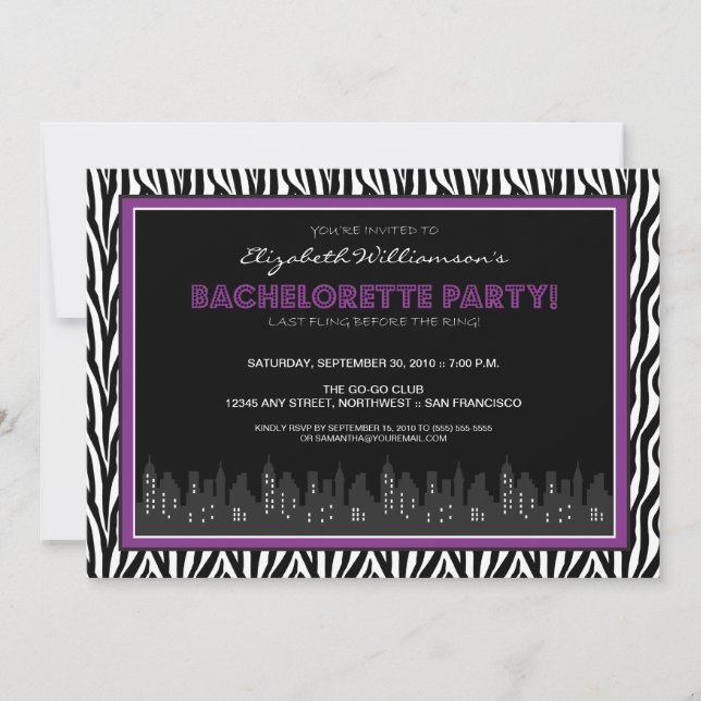 Funky Zebra Bachelorette Party Invitation (purple) (Front)