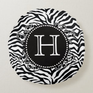 Funky Zebra Pattern Monogram Black and White Round Cushion