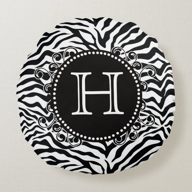 Funky Zebra Pattern Monogram Black and White Round Cushion (Front)