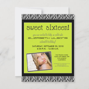 Funky Zebra Sweet 16 Birthday Party Invite (lime)
