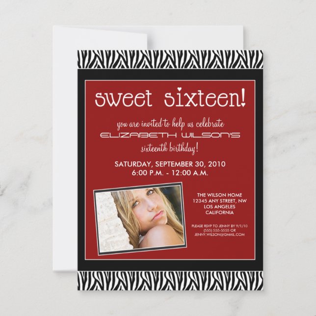 Funky Zebra Sweet 16 Birthday Party Invite (red) (Front)