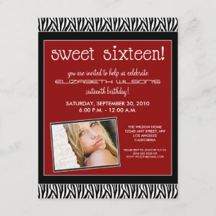 Funky Zebra Sweet 16 Birthday Party Invite (red)