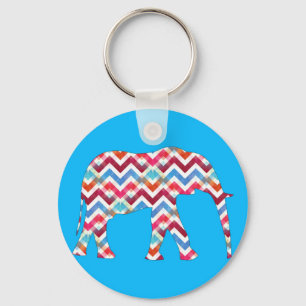 Funky Zigzag Chevron Elephant on Teal Blue Key Ring